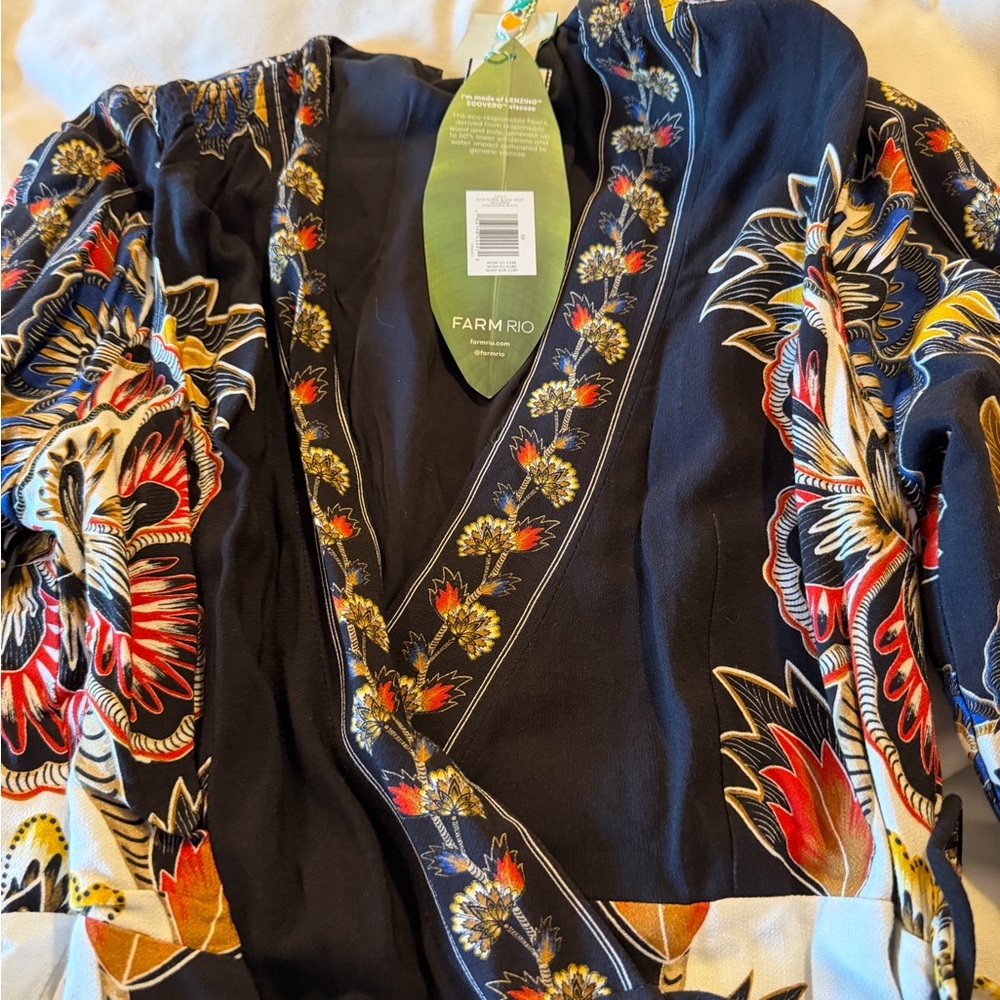 NWT Anthropologie x FARM Rio Maxi Black Floral Wrap Mini Dress Women’s Medium - Picture 7 of 12